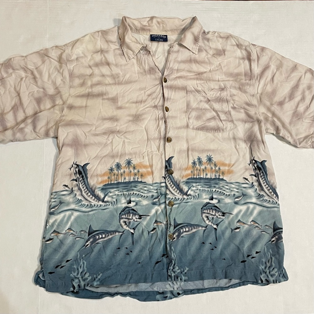 Pacific & Co Marlin Fish Tropical Fishing Button Hawaiian Print Shirt Men’s XXL